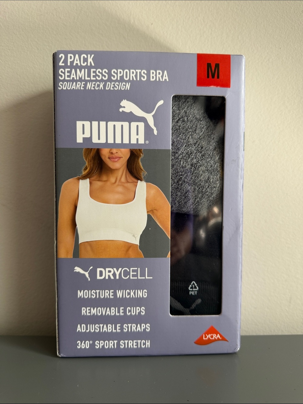 Puma Seamless Sports Bra Med Grey Black Square Neck 2 Pack - NIB